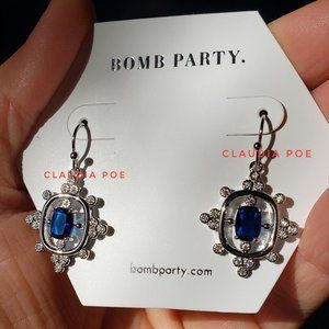 Ring Bomb "Mirror Mirror" Rhodium Plated Dark Blue Sapphire OG Earrings RBP NWT